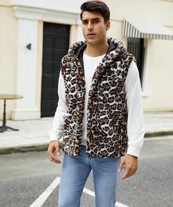 Outdoor street shot of a man wearing a hooded faux fur leopard print vest with lining