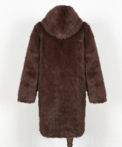 Rear view of a men's long faux fur coat with a large hood in deep brown plush fabric