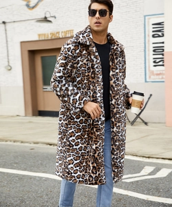 Close-up of luxury men's leopard print faux fur coat with elegant lapel collar design