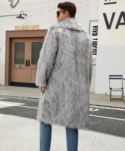 Detail view of men's faux fur long coat with plush texture and stylish lapel collar