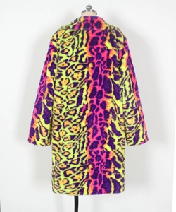 Rear view of long faux fur winter coat featuring vibrant neon leopard print patterns