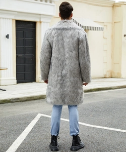 Rear view of long faux fur coat in grey for men showing thick texture and knee-length cut