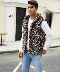 Close-up of men's hooded faux fur vest featuring a classic leopard print and smooth black lining