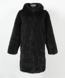 Detailed close-up showing the dense faux fur texture and hood of a black winter coat
