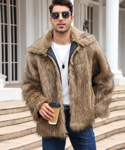 Close-up of brown faux fur jacket for men with a wide lapel collar and dense texture