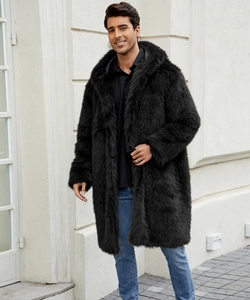 Detail of premium faux fur texture on men's long black winter coat with lapel collar