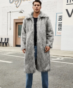 Detailed texture of thick grey faux fur on a long coat with an elegant wide lapel