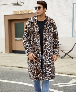Close-up of stylish brown leopard print faux fur coat with a classic lapel collar