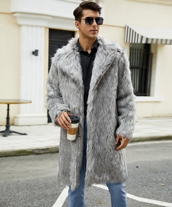 Detail shot of the long grey faux fur coat with high-quality plush texture for men