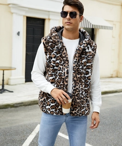 Detailed close-up of hooded leopard print faux fur vest for men in stylish urban street setting