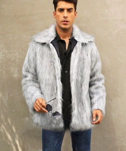 Close-up of premium grey faux fur jacket texture with lapel collar for men's winter style