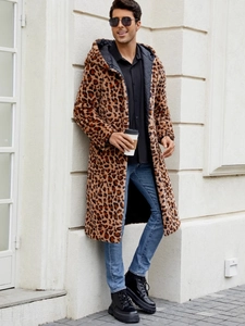Men's leopard print faux fur long hooded coat with warm quilted lining for winter fashion