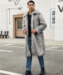 Detail of light gray faux fur coat for men showing plush texture in a city street setting