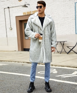 Detail of premium silver-grey faux fur coat for men showing texture and long silhouette