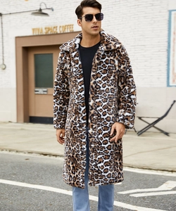 Detailed close-up of faux fur leopard print on long coat showing premium material texture