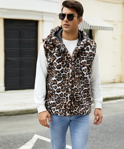 Detail of men's leopard print faux fur hooded vest with smooth black inner lining