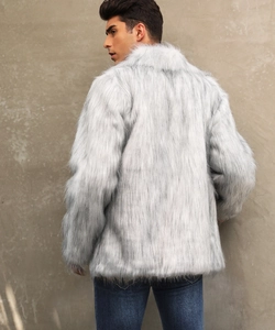 Close-up back view of men's short faux fox fur jacket in light gray with lapel collar
