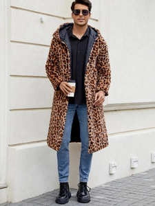 Men's leopard print faux fur long coat with hood and black quilted lining
