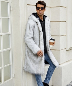 Detail of premium white faux fur texture on men long winter coat with hood