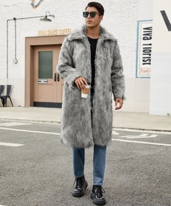 Men's long faux fur coat in grey fox texture with a square collar street style