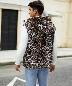 Detailed back view of a men's faux fur hooded vest featuring a realistic leopard print pattern