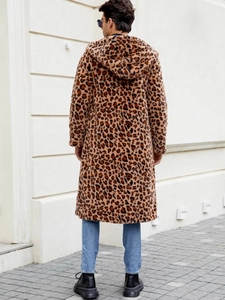 Long hooded faux fur coat for men featuring classic leopard print and plush texture