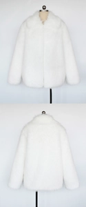Front and back view of a white faux fur jacket for men with thick plush texture