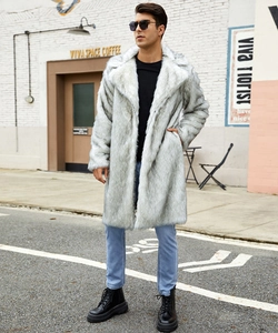 Detailed close-up of thick silver grey faux fur coat texture with wide lapel collar