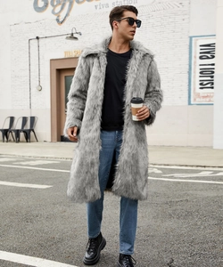 Detailed view of gray faux fur coat with oversized lapels on an outdoor street setting