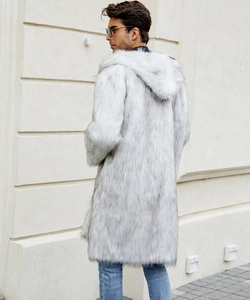 Detailed back view of a men's long faux fur hooded coat with grey gradient texture