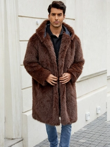 Men Winter Faux Fur Hooded Coat Mid-Length Plush Warm Thick Windproof Overcoat Casual Fashion Outerwear Overcoat Jacket
