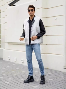 Gilet da uomo in pelliccia sintetica sfumata grigia con peluche lungo per look casual