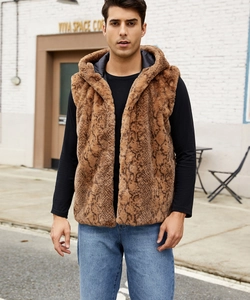 Detailed view of men's hooded faux fur vest featuring brown snakeskin pattern and soft texture