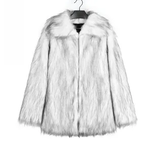 Close-up of the plush faux fur texture and lapel design on the greyish-white jacket