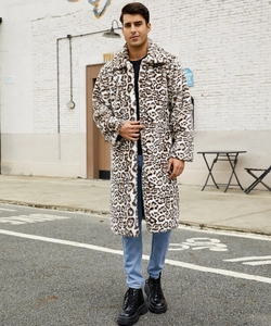 Faux fur leopard print coat for men featuring a classic lapel and longline silhouette