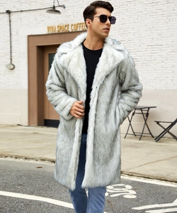 Close-up of cuff stitching on grey faux fur long coat for men with plush texture