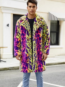 Men's colorful faux fur long coat with neon leopard print and wide lapels for winter