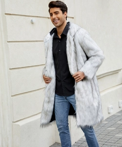 Detail of gray faux fur coat texture and long sleeves on a men's winter hooded parka