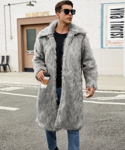 Detail shot of the long grey faux fur texture and large collar on the men's winter coat