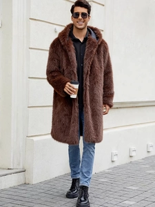 Men's winter faux fur hooded long coat in brown plush material for cold weather wear