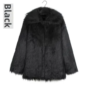 Detail of premium black faux fur jacket showing shaggy texture and wide lapel design