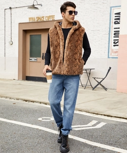 Close-up of men's brown faux fur hooded vest featuring exotic snake print texture