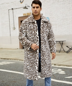 Close-up of leopard print faux fur texture on men's winter long coat with wide lapels