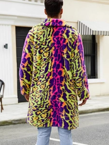 Men's colorful leopard print faux fur coat with warm plush texture in streetwear style