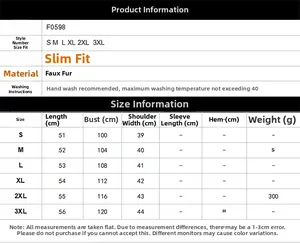 Detailed size chart for faux fur vest with bust and length specs from S to 3XL