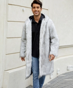 Detail shot of men's faux fur coat with thick long-pile texture and grey-white blend effect