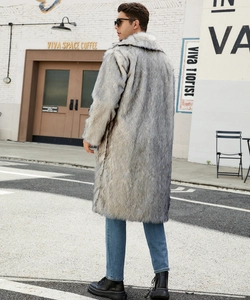 Detail of long faux fur coat for men with grey texture and classic notch lapel
