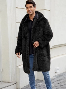 Men's long faux fur hooded coat in black plush finish for winter street fashion