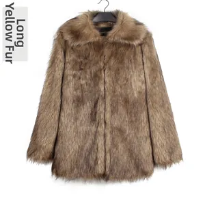 Close-up of the plush long-hair faux fur texture and lapel on the tan winter coat