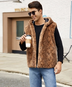 Detail of men's hooded faux fur vest with brown snake skin pattern and textured finish